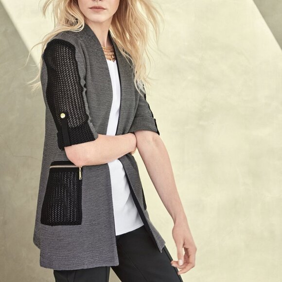 Misook Stretch Techno Print Hook Front Mesh Detail Knit Jacket size Medium - Picture 1 of 11